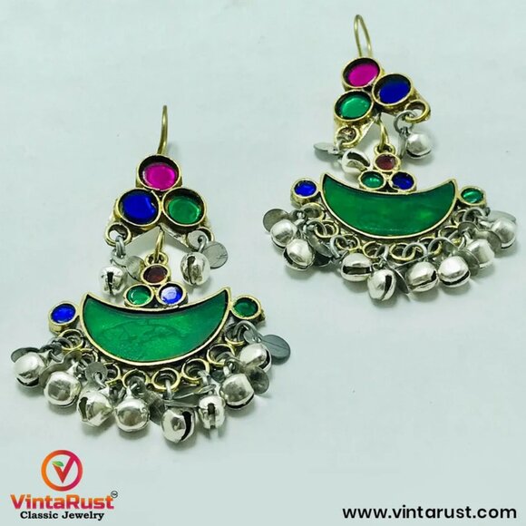 Multicolor Glass Stones Silver Earrings, AfghanTraditional Earrings,Light Weight - Picture 11 of 13